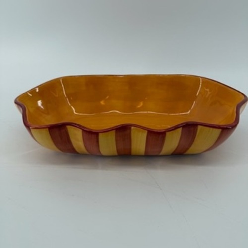 Gail Pittman Hand Painted Ceramic Striped Serving Bowl Scalloped Yellow Red 12in